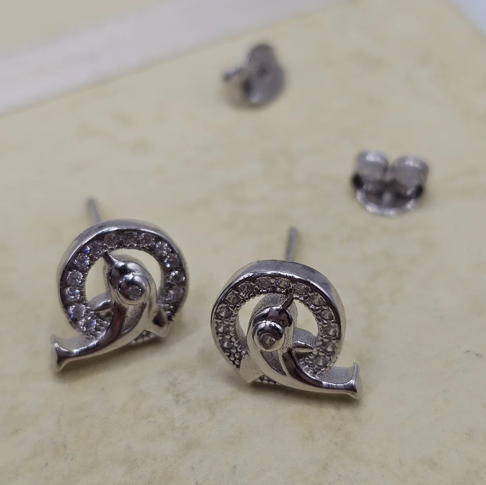 Sterling Silver 925 Rhodium Plated Dolphin CZ Stud Earrings
